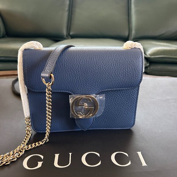 NWT GUCCI Interlocking GG Leather Crossbody Bag blue 510304 - Picture 1 of 10